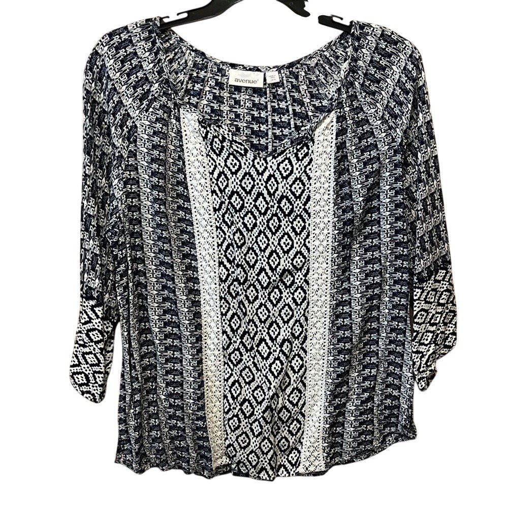 Avenue Women's Blue Geometric Ikat‎ Print Crochet Lace 3/4 Sleeve Blouse 14/16